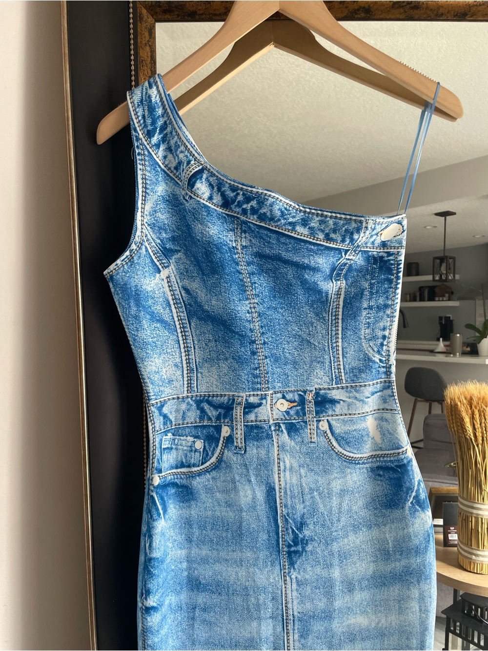 Her..Bottari One Shoulder Faux Denim Look Midi Dress – Blue – Size M - Picture 3 of 5